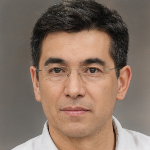 Neutral white adult male with short  black hair and brown eyes