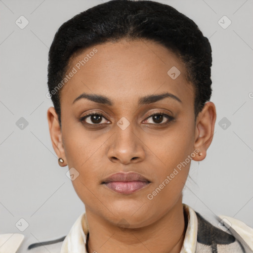 Joyful latino young-adult female with short  brown hair and brown eyes