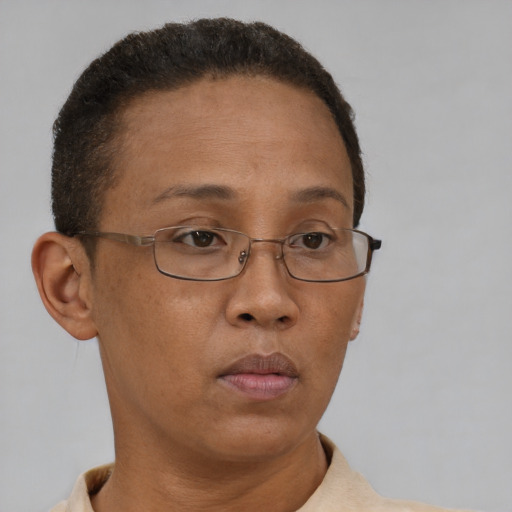 Neutral black adult female with short  brown hair and brown eyes