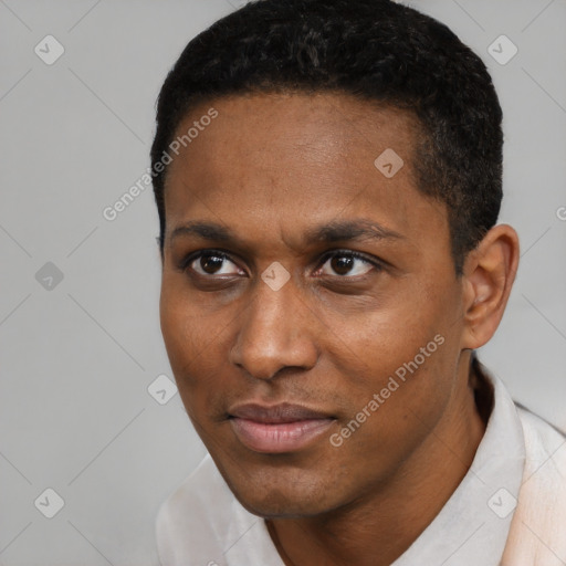 Neutral black young-adult male with short  black hair and brown eyes