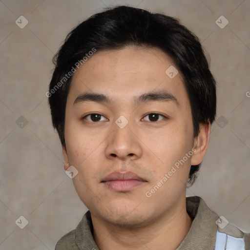 Neutral asian young-adult male with short  black hair and brown eyes