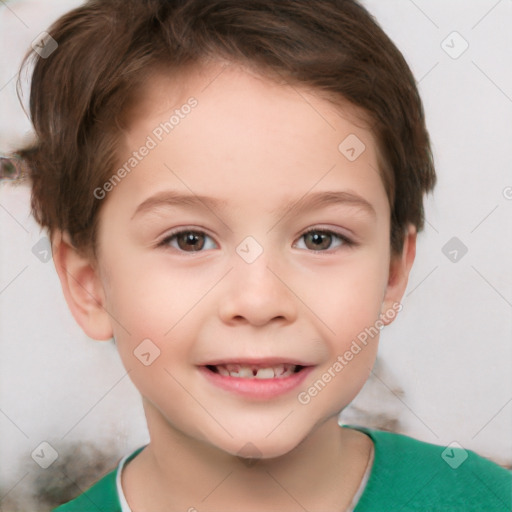 Joyful white child female with short  brown hair and brown eyes