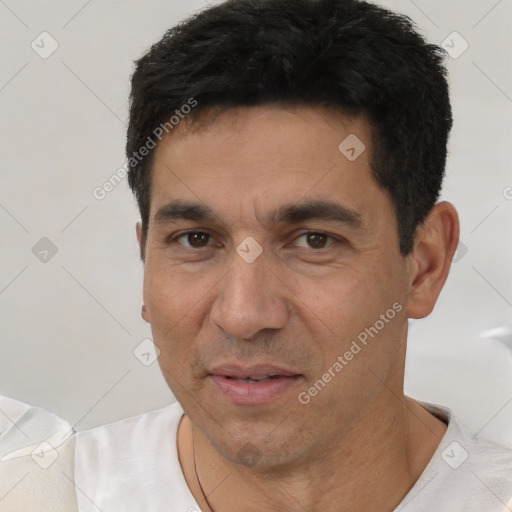 Neutral white adult male with short  black hair and brown eyes