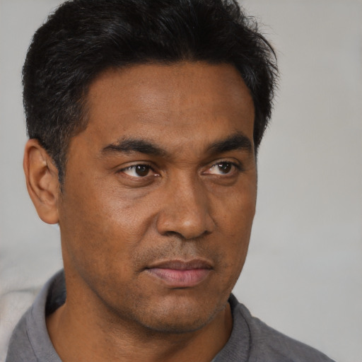 Neutral latino adult male with short  black hair and brown eyes