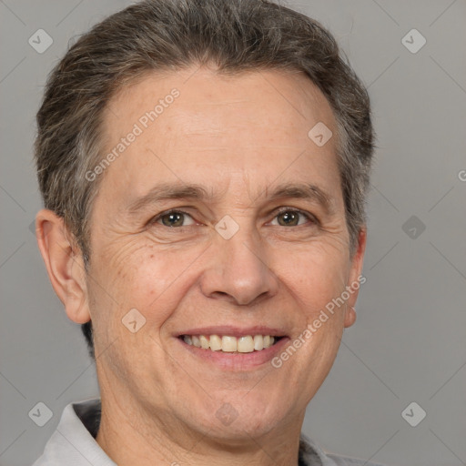 Joyful white middle-aged male with short  brown hair and brown eyes