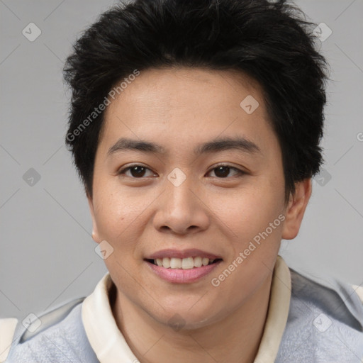 Joyful asian young-adult female with short  brown hair and brown eyes