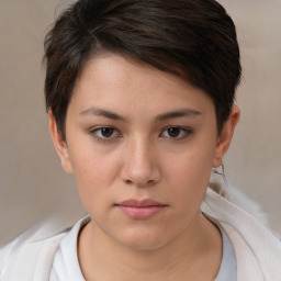 Neutral white young-adult female with short  brown hair and brown eyes