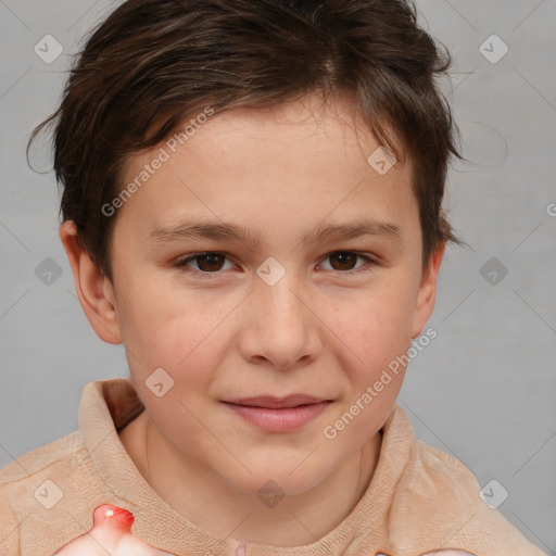 Joyful white child female with short  brown hair and brown eyes