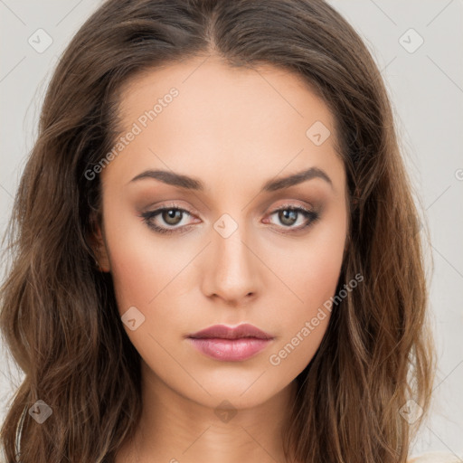 Neutral white young-adult female with long  brown hair and brown eyes