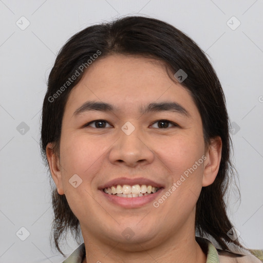 Joyful white young-adult male with medium  brown hair and brown eyes