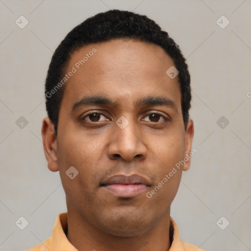 Neutral latino young-adult male with short  black hair and brown eyes