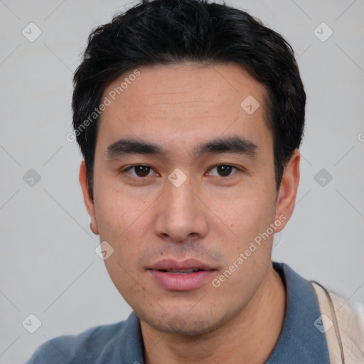 Neutral asian young-adult male with short  black hair and brown eyes