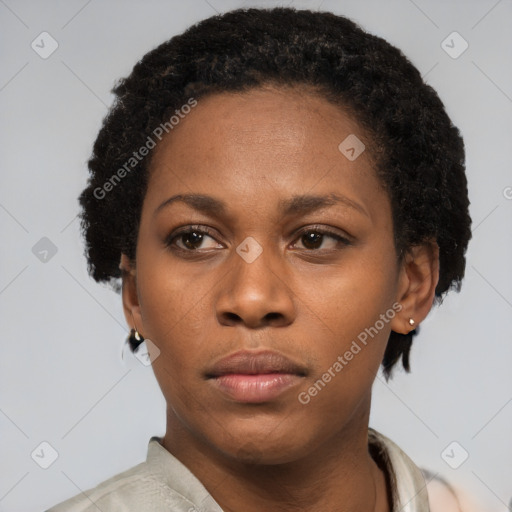 Neutral black young-adult female with short  black hair and brown eyes