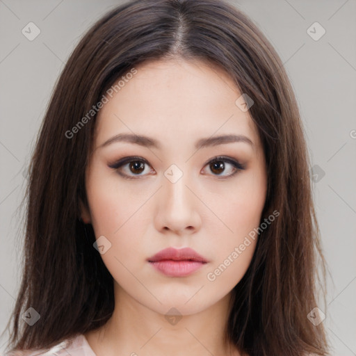 Neutral white young-adult female with medium  brown hair and brown eyes