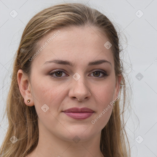 Joyful white young-adult female with long  brown hair and grey eyes