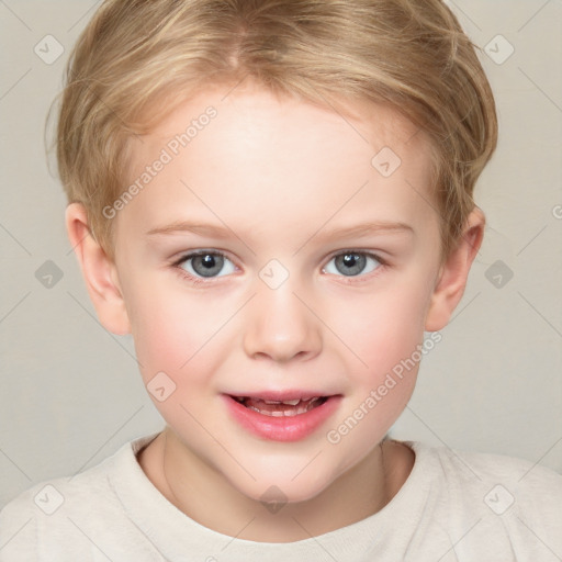 Joyful white child female with short  brown hair and brown eyes