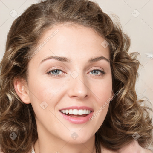 Joyful white young-adult female with medium  brown hair and green eyes