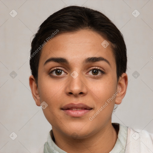 Neutral white young-adult female with short  brown hair and brown eyes