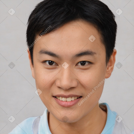 Joyful white young-adult female with short  black hair and brown eyes