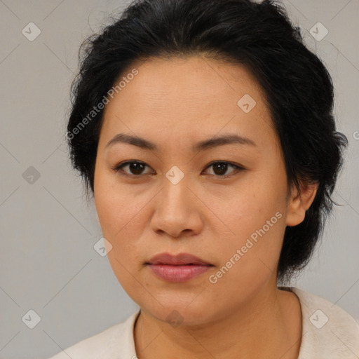 Neutral asian young-adult female with medium  brown hair and brown eyes