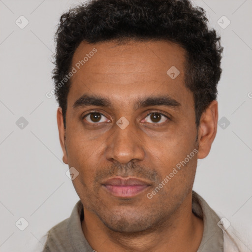 Neutral black adult male with short  black hair and brown eyes