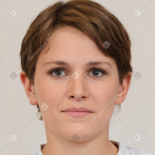 Neutral white young-adult female with short  brown hair and brown eyes