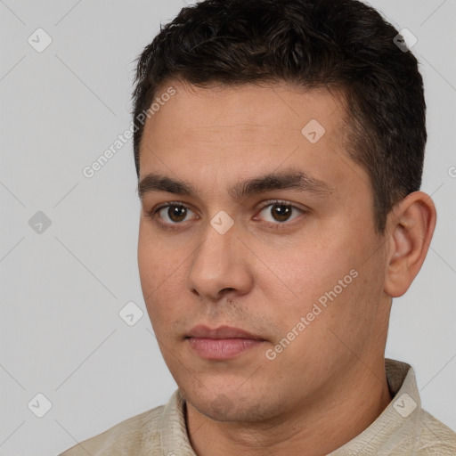 Neutral white young-adult male with short  brown hair and brown eyes