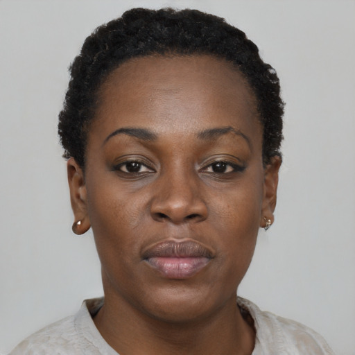 Neutral black young-adult female with short  black hair and brown eyes