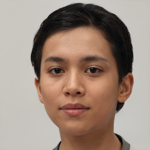 Neutral asian young-adult female with short  black hair and brown eyes