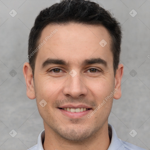 Joyful white young-adult male with short  brown hair and brown eyes