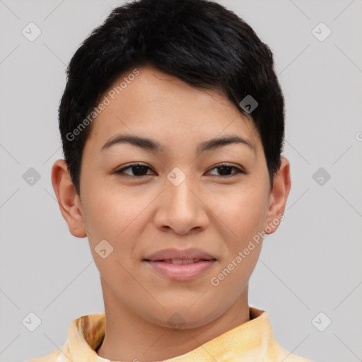 Joyful asian young-adult female with short  brown hair and brown eyes