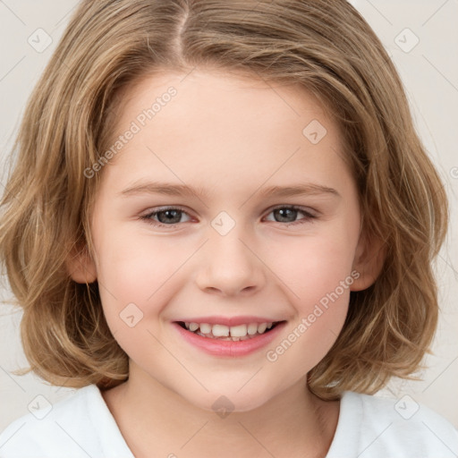 Joyful white child female with medium  brown hair and brown eyes