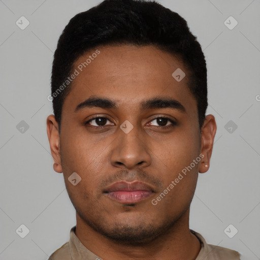 Neutral black young-adult male with short  black hair and brown eyes