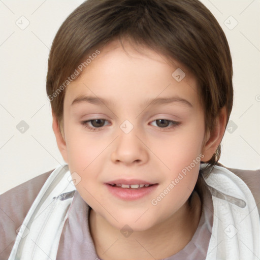 Joyful white child female with short  brown hair and brown eyes