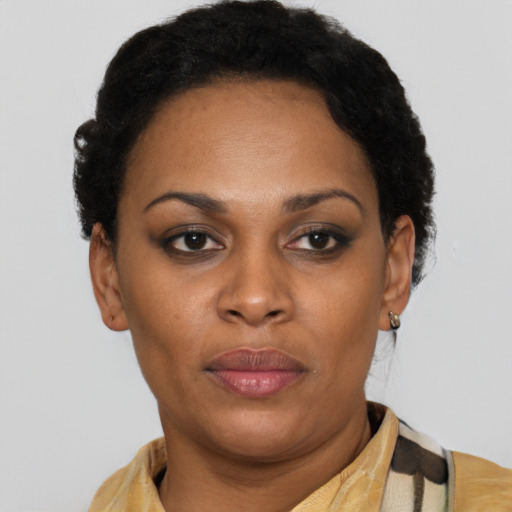 Neutral black young-adult female with short  brown hair and brown eyes