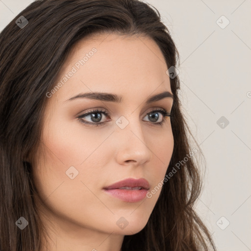 Neutral white young-adult female with long  brown hair and brown eyes