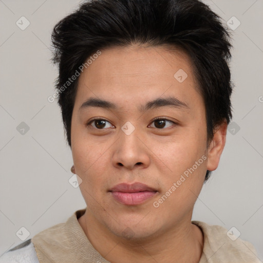 Neutral asian young-adult male with short  brown hair and brown eyes