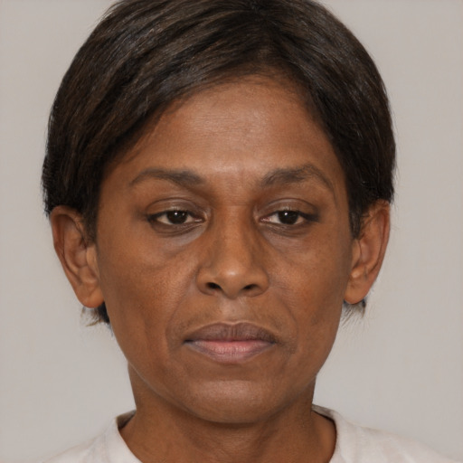 Neutral black adult female with short  brown hair and brown eyes