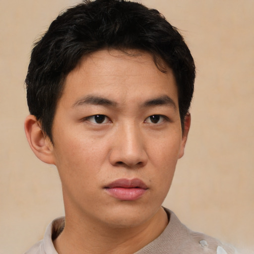 Neutral asian young-adult male with short  brown hair and brown eyes