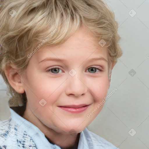 Joyful white child female with short  brown hair and blue eyes