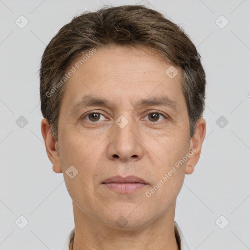 Neutral white adult male with short  brown hair and brown eyes