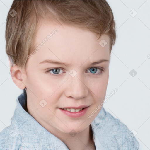 Joyful white young-adult female with short  brown hair and blue eyes