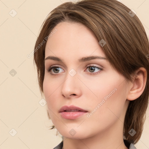 Neutral white young-adult female with medium  brown hair and brown eyes