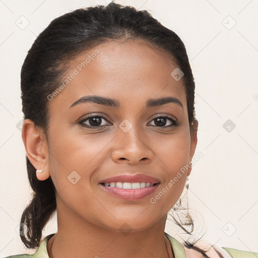 Joyful latino young-adult female with short  brown hair and brown eyes