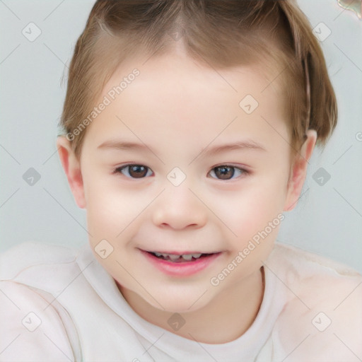 Joyful white child female with short  brown hair and brown eyes