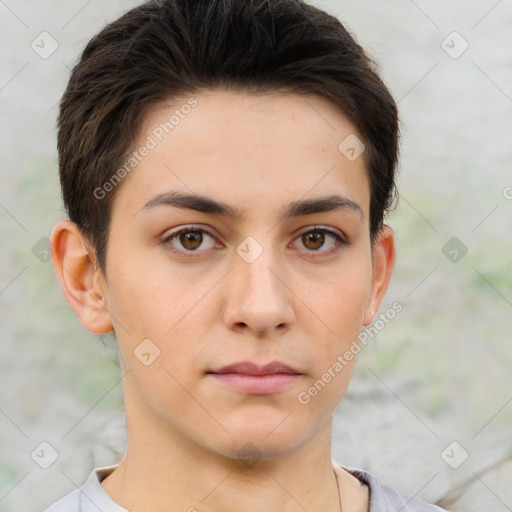 Neutral white young-adult male with short  brown hair and brown eyes