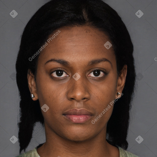 Neutral black young-adult female with short  black hair and brown eyes