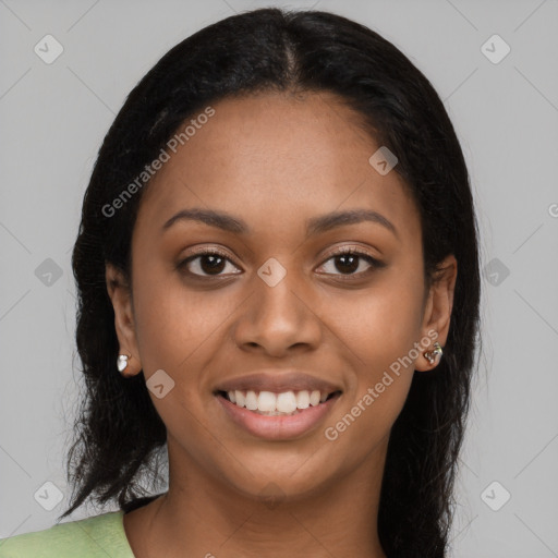 Joyful latino young-adult female with long  black hair and brown eyes