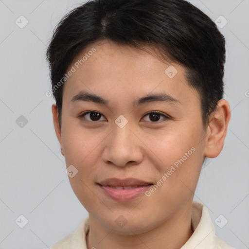 Joyful asian young-adult female with short  brown hair and brown eyes