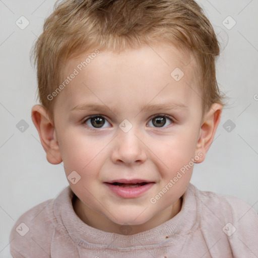 Joyful white child male with short  brown hair and brown eyes